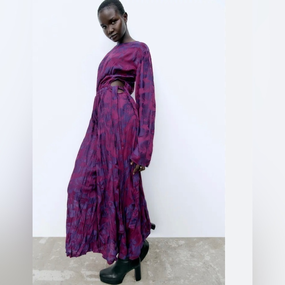 ZARA purple violet creased jacquard pattern midi dress loose elastic waist print